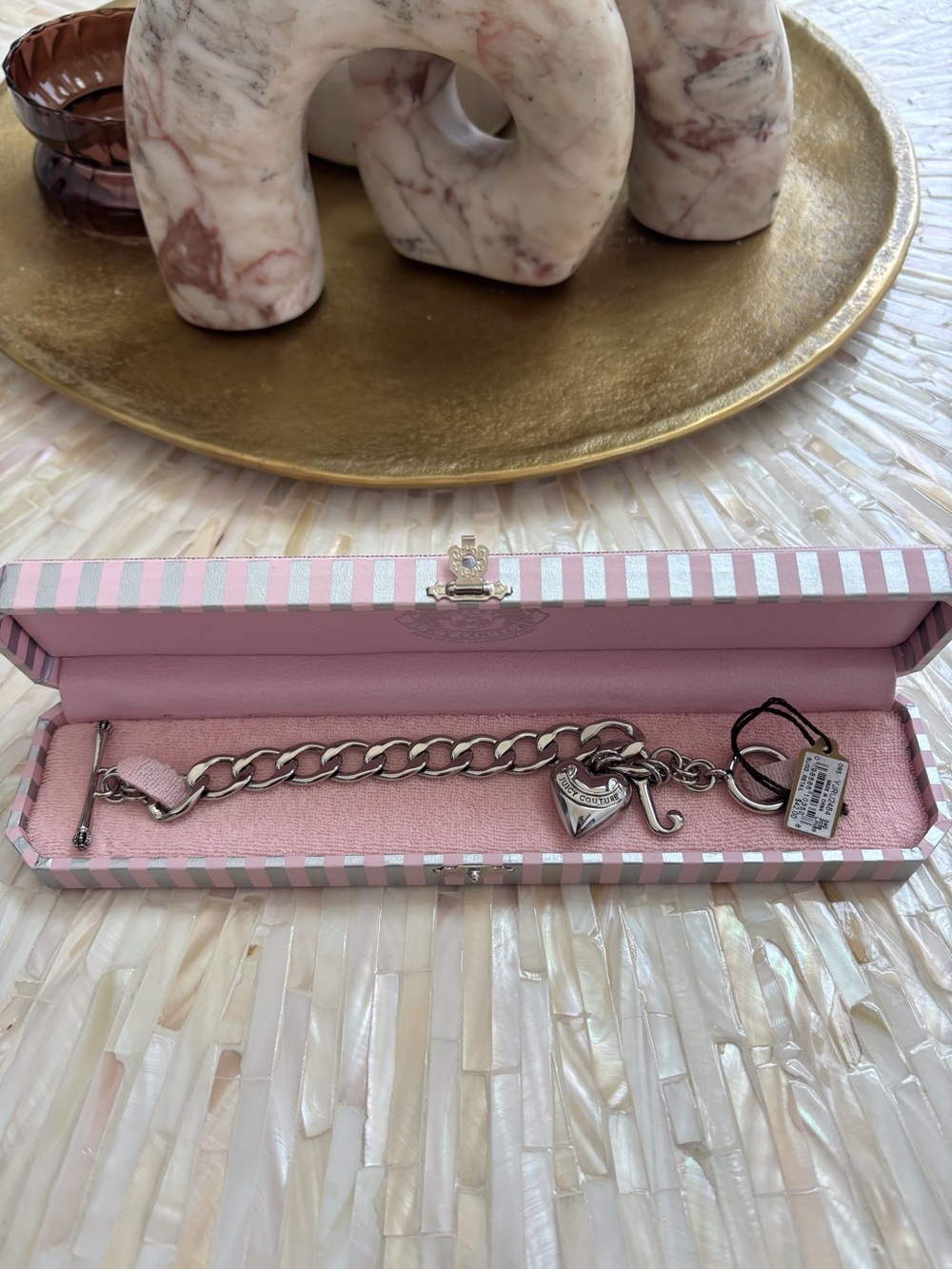 NWT Juicy Couture Vintage Silver Chain Bracelet with Heart Charm